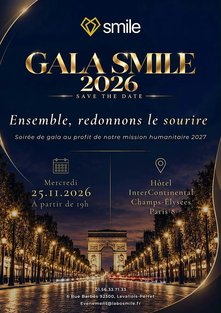 Affiche du Gala Smile 2026 — Arc de Triomphe illuminé, 25 novembre 2026